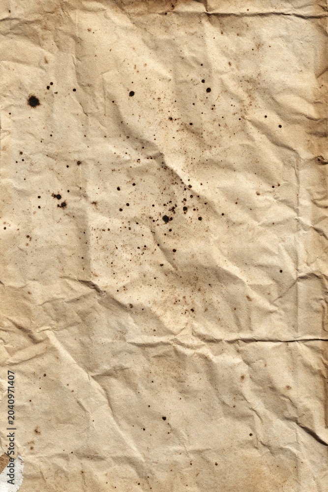 Fototapeta premium Crumpled, stained, aged paper, textured with deep creases and dark speckles