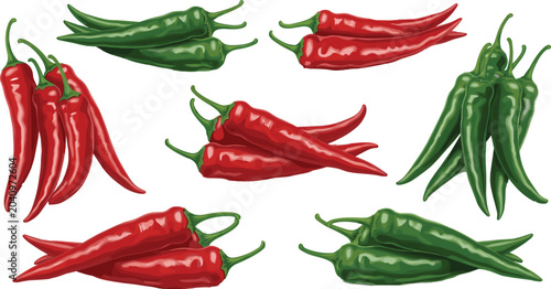 Cuadro en lienzo Hot Chili Pepper Collection with Red and Green Spicy Peppers Fresh Vegetable Foo