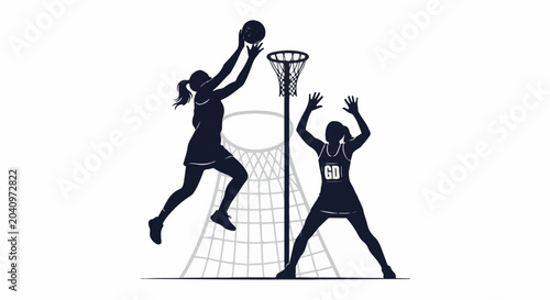 Silhouette of two women playing netball, one jumping to shoot the ball, the other defending near the hoop
