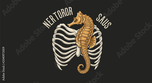 A stylized seahorse is encased within a ribcage with curved text above