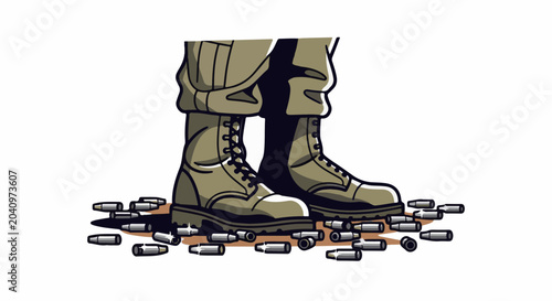A soldier's sturdy boots stand amidst scattered spent bullet casings on a white background