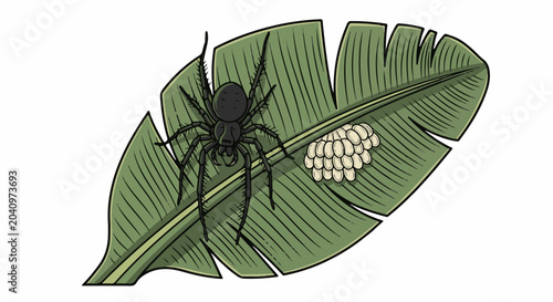 A black spider rests on a green leaf next to its egg sac