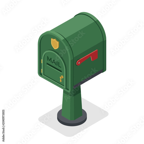 Green mailbox with a red flag, designed in an isometric 3D style, representing communication and postal services