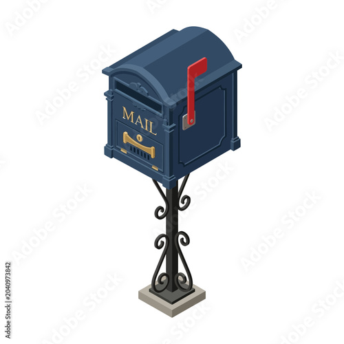 A beautifully crafted vintage mailbox, standing elegantly on an ornate metal pole, signals the anticipation of incoming correspondence and nostalgic communication