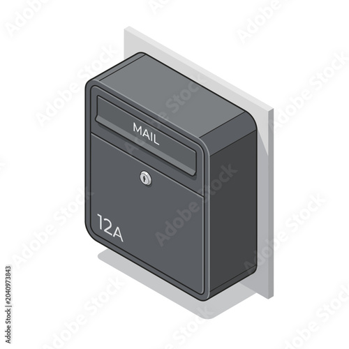 Modern dark gray mailbox mounted on a white wall, featuring the word 'MAIL' and house number '12A' in a clean, isometric design