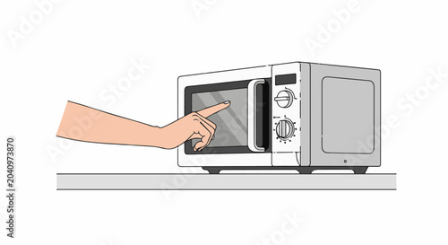 A hand reaches out to press the door of a kitchen microwave oven