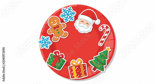 Festive Christmas-themed circle with Santa, gingerbread, tree, gifts, candy cane, snowflakes