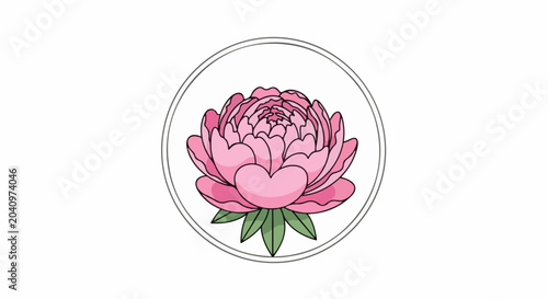 A vibrant pink peony blossom with green leaves sits inside a simple grey circular frame