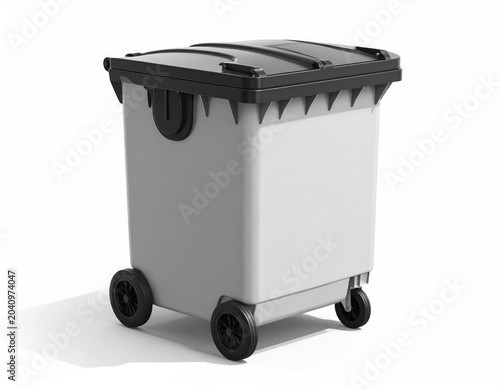 A gray wheeled waste bin with a black lid, isolated on a white background