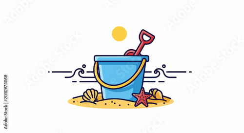 Blue bucket, red shovel, seashells, starfish, and sun on a sandy beach with waves