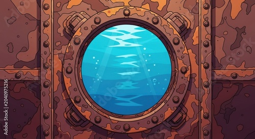 Steampunk Submarine Porthole View of Underwater World.