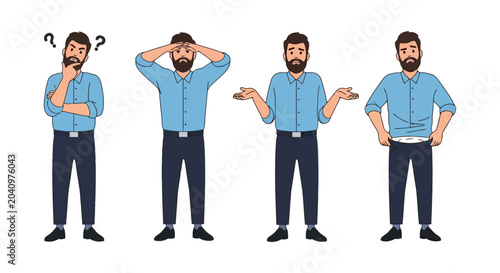 Fotografia Confused and Pondering Man Vector Illustration Set.