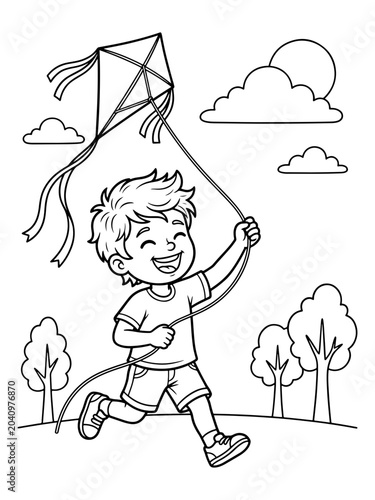 Cheerful cartoon boy running and flying a kite in a park. High-quality black and white line art illustration for kids coloring book activities.