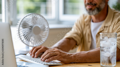 Young man sitting in bright minimal home office with small desktop fan running beside keyboard, loose summer shirt sleeves rolled up, one hand working mouse naturally, soft natural