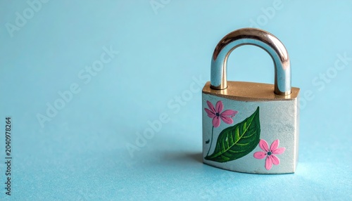 A shiny metal padlock with painted pink flowers and green leaves on a blue background