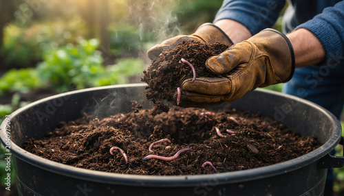Detailed close-up of farmer hands in brown leather gloves holding rich dark steaming compost soil with live pink earthworms over a black plastic recycling bin