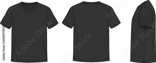 Obraz na plátně Dark gray crew neck t shirt technical illustration front back and side views