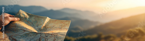 Travel map adventure navigation mountain landscape hand sunrise freedom journey outdoors exploration route tourist valley horizon nature planning direction sunrise light summer vacation wanderlust