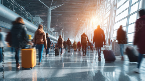 Airport travel passenger luggage crowd terminal tourism business journey departure airport travel passenger luggage crowd terminal tourism business journey departure modern hall with motion blur