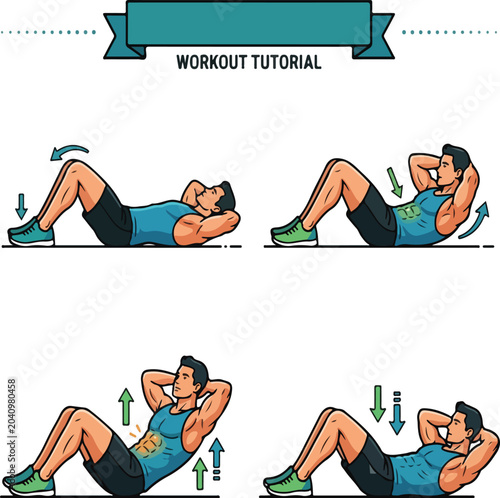 Billede på lærred Sit-up Exercise Tutorial and Abdominal Workout Steps Illustration