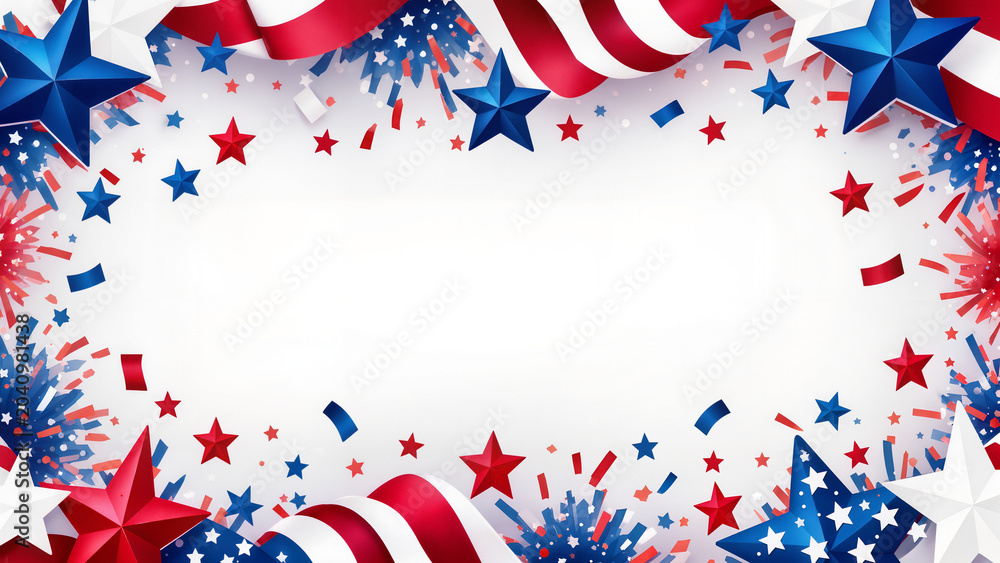 Fototapeta premium Usa patriotic border with stars, stripes, and confetti