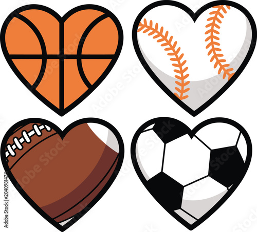 Heart shaped sports ball icons of basketball baseball and soccer balls.