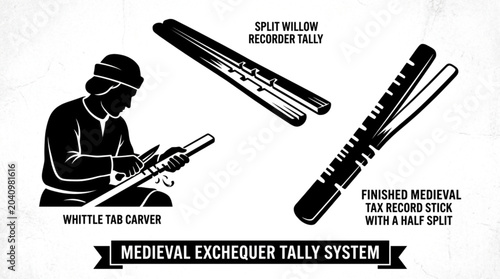 Medieval exchequer tally system infographic showing historical whittle tab carver making notches on split willow recorder tally and completed financial tax record stick with a half split vector 
