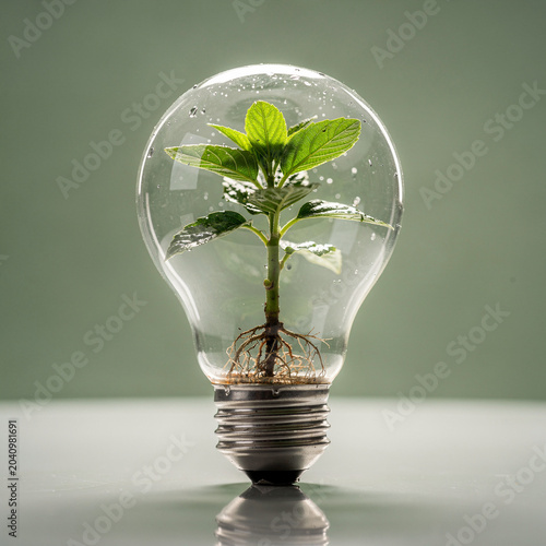 Small Green Sprout with Visible Roots Growing Inside a Light Bulb for Eco Energy Concept