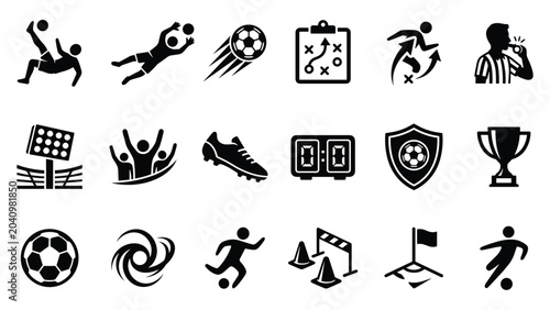 Photography Soccer football training athlete gameplay equipment glyph icon set for sport clu