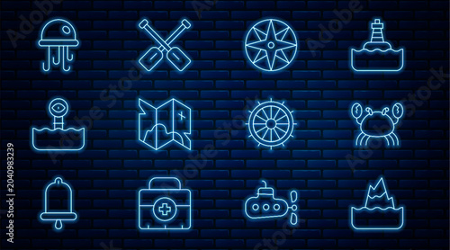 Foto Set line Iceberg, Crab, Wind rose, Pirate treasure map, Periscope, Jellyfish, Ship steering wheel and Paddle icon