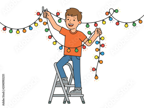 Happy caucasian boy standing on a stepladder and hanging colorful garland light bulbs on a hook against white background. Festive party decoration and holiday preparation atmosphere