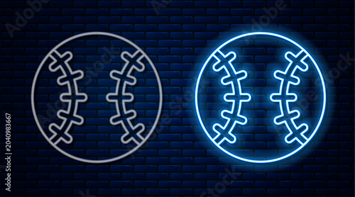Glowing neon line Baseball ball icon isolated on brick wall background. Vector