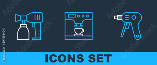 Set line Electric hot glue gun, Paint spray and Coffee machine and cup icon. Vector
