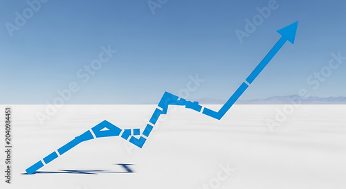 Blue arrow chart moving upward over white surface with business performance analysis marketing investment progress statistics planning financial increase strategy opportunity
