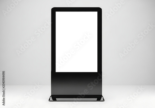 Blank standing digital kiosk signage mockup with empty white screen advertising marketing promotion information standing template business commercial interactive presentation