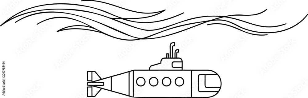 Obraz premium Submarine sailing under ocean waves line art illustration