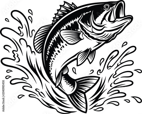 Large bass fish jumping out of water splash illustration