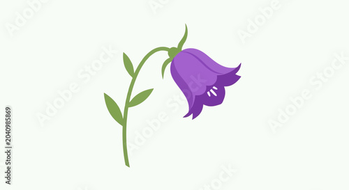 A single purple bellflower on a green stem with leaves against a pale background