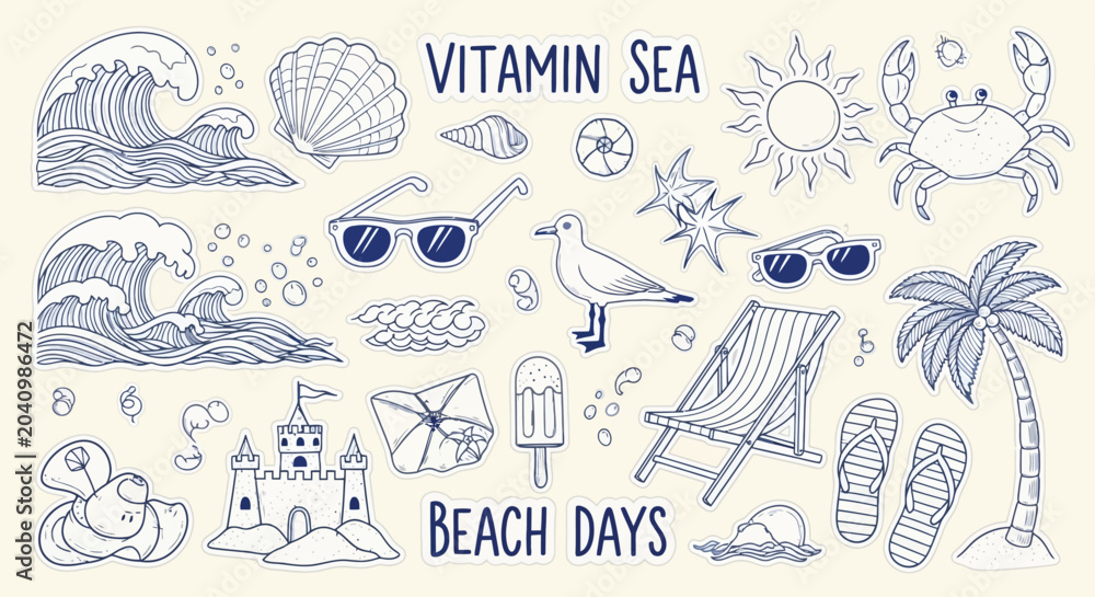 Obraz premium Summer beach vector illustration set seashells waves sun and tropical elements