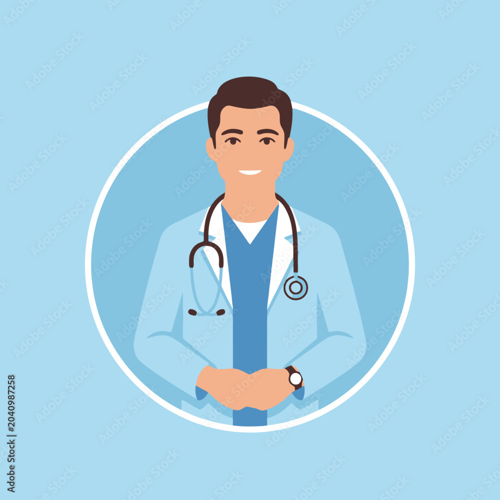 Fototapeta premium A friendly male doctor wearing a white coat and stethoscope