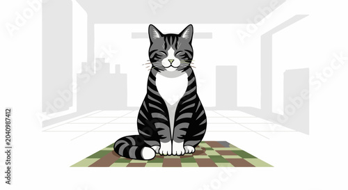 A tabby cat sits contentedly on a checkered mat in a minimalist room with abstract background elements