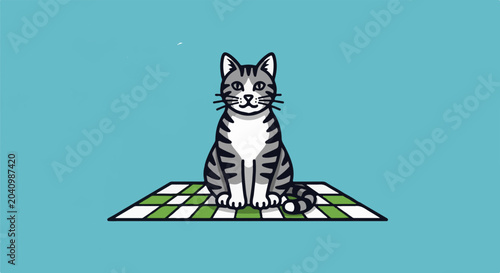 A stylized tabby cat sits patiently on a green and white checkered mat against a solid blue background