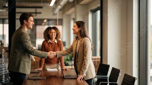 Young professionals shaking hands across conference table, smiling and closing deal in modern office with natural light and collaborative atmosphere