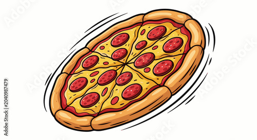 A vibrant, hand-drawn pizza with pepperoni and a thick crust, set against a white background