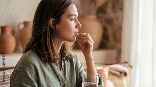 Young adult female taking vitamin capsule by glass of water in cozy sunlit living room, calm thoughtful expression and natural morning routine