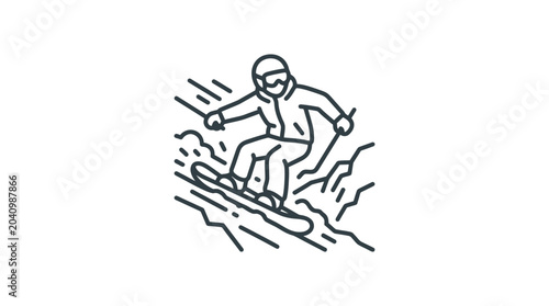 Fotografie Snowboarder descending mountain slope minimalist line art illustration