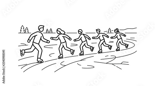 Group of people ice skating outdoors in winter.