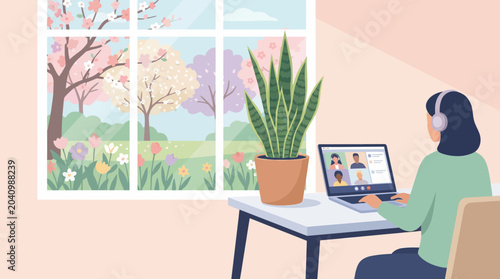 Cosy Workspace Office Interior with Green Houseplants and Video Call on Laptop