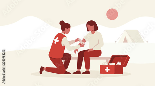 Red Cross Volunteer Administering First Aid and Bandage on Arm Injury