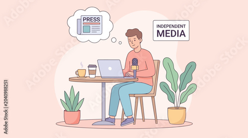 Independent Media Journalist Writing News on Laptop Concept Illustration